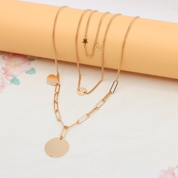 Layered Rose Gold Necklace with Star & Coin Charm – Adjustable Fit, XPNL0344 - Picture 7 of 12